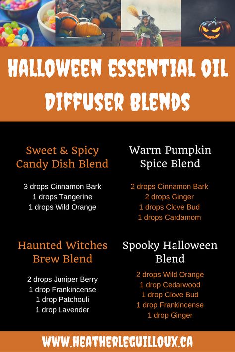 4 Halloween Essential Oil Diffuser Blends @hleguilloux includes Candy Dish Blend, Warm Pumpkin Spice Blend, Haunted Witches Brew Blend and Spooky Halloween Blend #essentialoils #doterra #halloween Witches Brew Essential Oil Blend, Spooky Essential Oil Blends, Essential Oil Recipes Diffuser, Halloween Diffuser, Scent Recipes, Fall Essential Oils, Doterra Diffuser, Doterra Diffuser Blends, Essential Oil Combinations