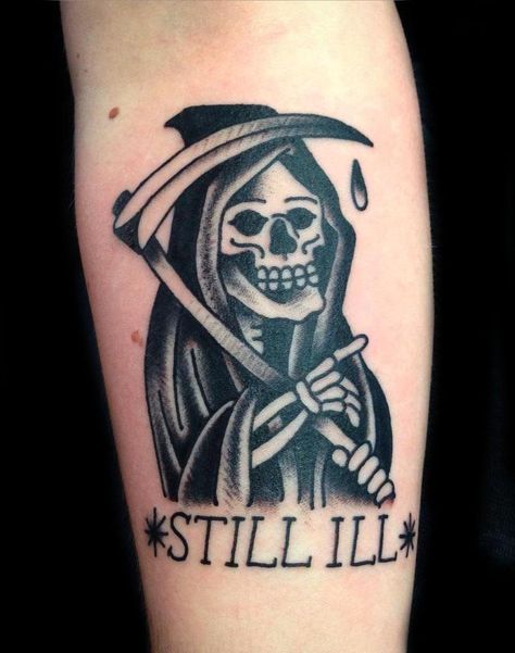 Still Ill tattoo by Jesse Mugs One at Electric Vintage, Bath, UK.  I think this could be a reference to Still Ill by The Smiths... Traditional Tattoo Man, Traditional Black Tattoo, Ma Tattoo, Tattoo Catalog, Grim Reaper Tattoo, Becoming A Tattoo Artist, Reaper Tattoo, Crown Tattoo Design, Traditional Tattoo Sleeve