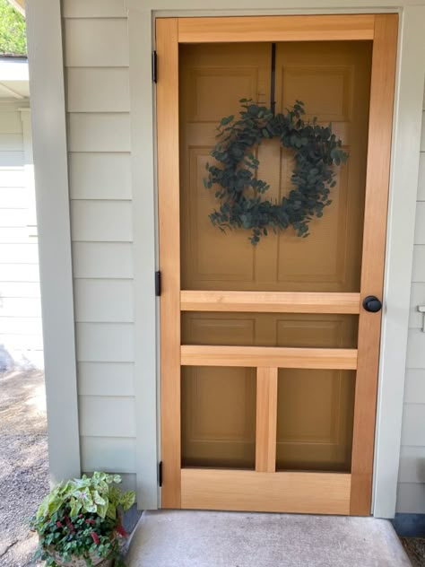 Love the nostalgic feeling of a screen door. Made a modern upgrade. Cute Screen Doors Front Porches, Wood Screen Door Farmhouse, Diy Front Screen Door, Front Porch With Screen Door, Wood Screen Door Hardware, White Screen Door Front Porches, Best Screen Doors, Screen Door For Porch, Diy Screen Doors For Front Door