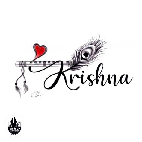 Krishna With Feather, Krishna Name Tattoo Design, Krishna Name Logo, Krishna Name Tattoo, Krishna Silhouette, Krishna Name, Flute Krishna, Flute Tattoo, Beautiful Easy Drawings