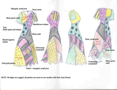 Another reference sheet, this one for Sally's dress. I looked at HUNDREDS of official images and art and you know what? No two were alike. EVERY SINGLE ONE had a different interpretation of her dre... Sally Nightmare Before Christmas Dress, Sallys Dress, Sally Dress Pattern, Sally Sewing, Sally Nightmare Before Christmas Costume, Sally Nbc, Sally Halloween Costume, Sally Cosplay, Nightmare Before Christmas Dress