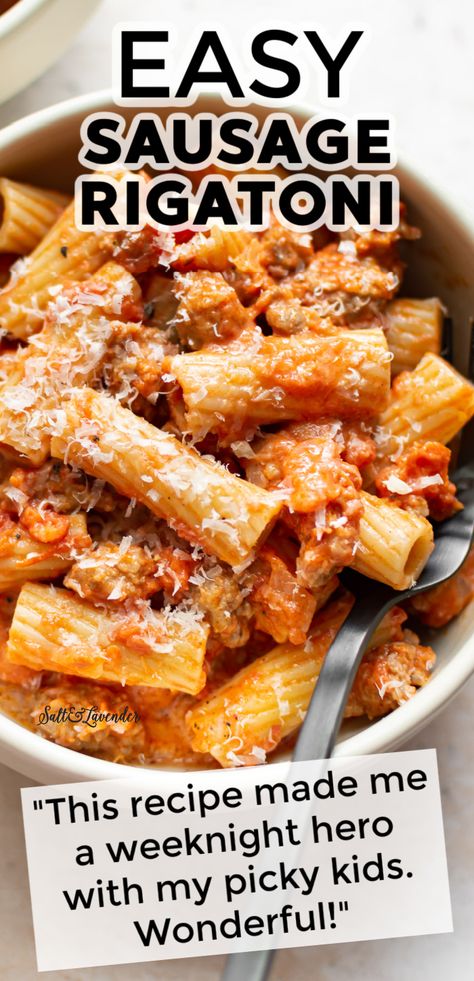 Rigatoni With Sausage And Tomato Cream Sauce, Dinner Ideas Pasta Sausage, Italian Sausage Recipes Tomato Sauce, Italian Sausage Rotini Pasta Recipes, Pasta W Sausage, Grounded Sausage Recipes, Sausage Rigatoni Pasta Recipes, One Pot Italian Sausage Rigatoni, Simple Sausage Pasta