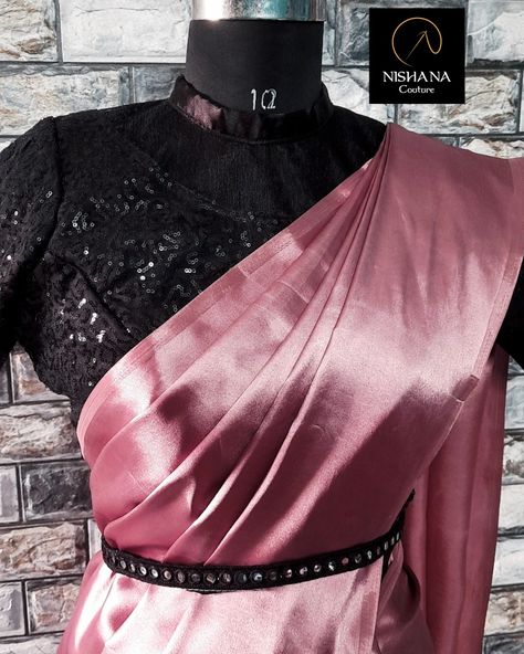 Beautiful Satin Saree with Black Sequins Blouse #Party Wear Blouse With Pink Saree, Pink Saree With Black Blouse, Saree Black Blouse, Pink Satin Saree, Black Sequin Blouse, Blouse Party Wear, Sequins Saree, Saree Black, Sequins Blouse