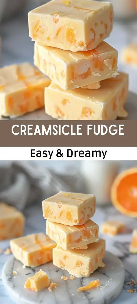 Creamsicle Fudge Recipe - Easy & Dreamy Treat! Dreamsicle Fudge, Creamsicle Fudge Recipe, Lemon Fudge Recipe, Fresh Pumpkin Pie Recipe, Creamsicle Fudge, Christmas Fudge Recipes Easy, Fresh Pumpkin Pie, Holiday Candy Recipes, Homemade Fudge Recipes