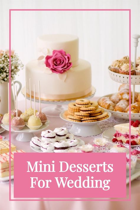 While you’re planning your wedding menu, one of the best options is to serve mini desserts for wedding treats. You DIY your favorite mini desserts, or hire a caterer. See how to set up a wedding dessert table. Find out how many mini desserts you’ll need for a wedding reception. How many different types of desserts you should serve to your guests. Choose the best variety for your wedding. See the best way to serve mini desserts. Bridal Brunch Desserts, Finger Desserts For Wedding, Treats For Wedding Reception, Diy Dessert Table Treats Wedding, Desserts For Wedding Dessert Table, Desserts For A Wedding, Savory Dessert Ideas, Dessert Cups For Wedding, Wedding Reception Dessert Table Ideas