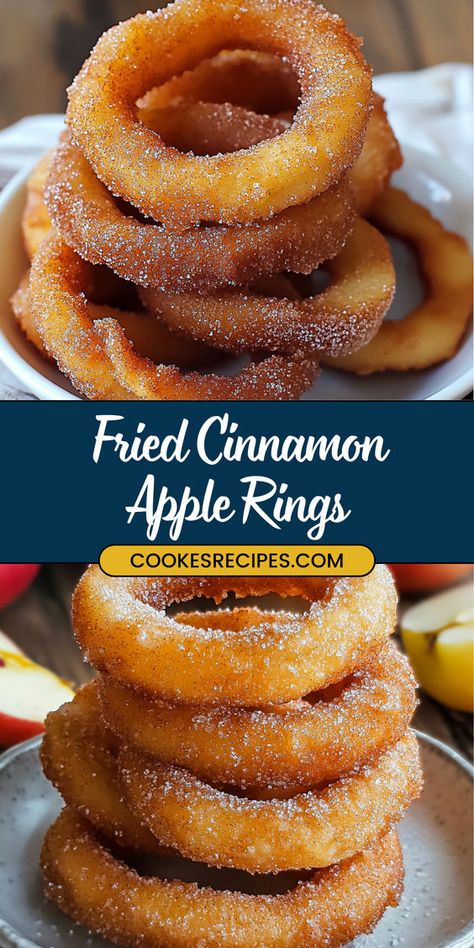 These Fried Cinnamon Apple Rings are a delightful treat, offering a crispy exterior with a tender, sweet apple center. Coated in a cinnamon-sugar mixture, they’re perfect for a cozy dessert or a fun snack. Air Fried Baked Apples, Ring Food Ideas, Thanks Giving Treats Ideas, Fall Treats With Apples, Apple Rings Wrapped In Crescent Rolls, Fall Dessert Recipes Apple Easy, Apple And Cinnamon Recipes, Fall Cinnamon Desserts, Snacks With Honey Easy