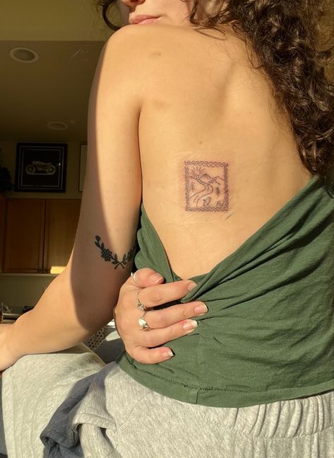 Coolest Tattoo Placements, Word Placement Tattoos Arm, Tattoo Stamp Sleeve, Stamp Tattoo Placement Ideas, Washington Inspired Tattoos, Rectangle Tattoo Placement, Small Square Tattoo, Back Stamp Tattoo, Copenhagen Tattoo Ideas