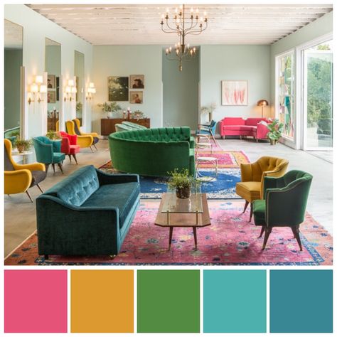 Interior Design Bold Colors, Home Decor Color Schemes Colour Palettes Interior Design, Home Color Schemes Interior Bright, Bright Living Room Ideas Colour Schemes, Room Color Palette Ideas, Colorful Living Room Bright, Bright Colour Palette, Highland Park Los Angeles, Large Living Room Layout