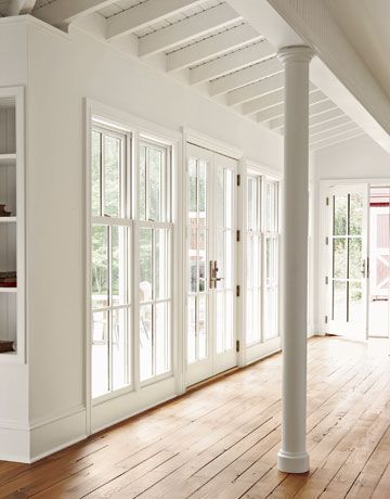 Looks like this section past the post is added on. Note ceiling difference. This may be what we have to do in our LR extension. White Family Rooms, Restored Farmhouse, Farmhouse Windows, Hotel Boutique, Farmhouse Interior, Floor To Ceiling Windows, Ceiling Windows, Large Windows, 인테리어 디자인