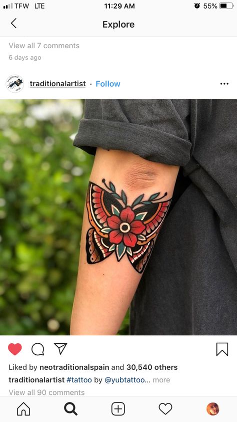 Traditional Thigh Tattoo, Traditional Butterfly Tattoo, Polynesian Tattoos Women, Traditional Tattoo Flowers, Traditional Tattoo Sleeve, Elbow Tattoos, Moth Tattoo, Instagram Tattoo, Stomach Tattoos