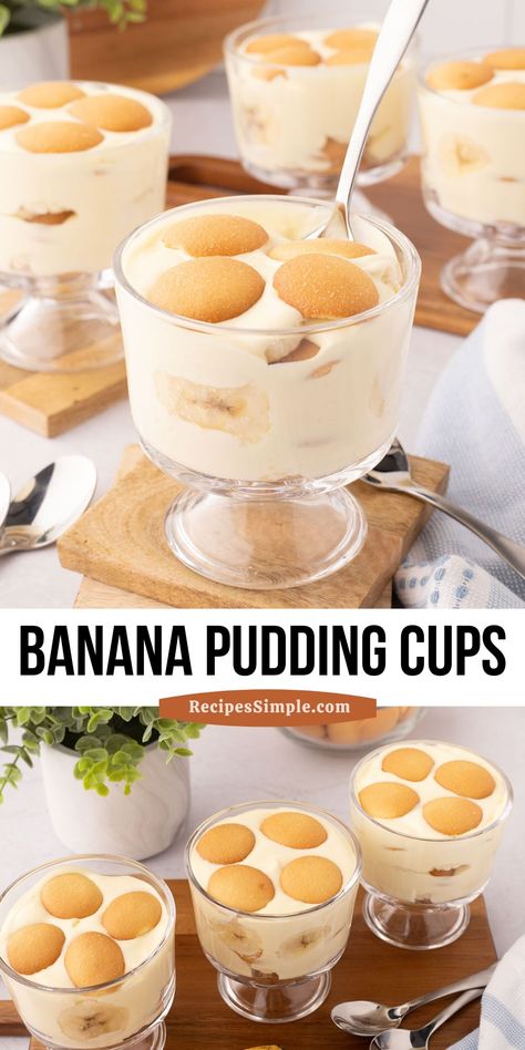 These banana pudding cups are made with creamy pudding, ripe bananas, and crunchy vanilla wafers all layered together in individual cups. Easy banana pudding cups dessert in individual serving cups. Vanilla Wafers Banana Pudding, Banana Pudding Cups Individual, Pudding Cups Ideas Desserts, Individual Banana Pudding Cups, Mini Banana Pudding Cups, Vanilla Wafer Banana Pudding, Banana Pudding Cups, Pudding Cup Desserts, Nilla Wafer Banana Pudding