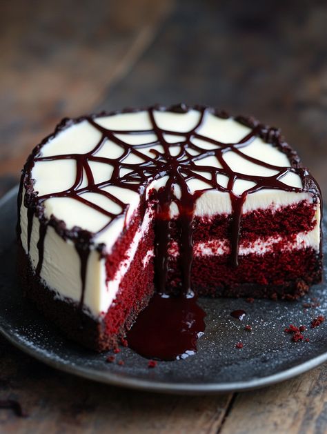 Spiderman cheesecake   🕷️ 𝗜𝗻𝗴𝗿𝗲𝗱𝗶𝗲𝗻𝘁𝘀 🕷️  For the Red Velvet Cake Layers: 2 ½ cups all-purpose flour 1 ½ cups granulated sugar 1 cup unsalted butter 1 cup buttermilk 2 large eggs 2 tablespoons cocoa powder 1 tablespoon red food coloring 1 teaspoon vanilla extract 1 teaspoon baking powder ½ teaspoon baking soda ½ teaspoon salt For the Cheesecake Filling: 3 (8 oz) packages cream cheese, softened 1 cup granulated sugar 1 teaspoon vanilla extract 3 large eggs 1 cup sour cream Spiderman Cheesecake, Red Velvet Cake Halloween, Halloween Red Velvet Cake, Cheesecake Ingredients, Delicious Deserts, Halloween Treats Easy, Decadent Chocolate Cake, Cake Layers, Cheesecake Filling