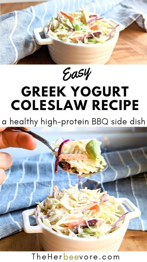 This Greek Yogurt coleslaw recipe is a high protein take on a classic summer BBQ side dish - it's a creamy coleslaw with vinegar, spices, and yogurt. Great coleslaw for BBQs, potlucks, and parties. It's great on a plate loaded up with anything coming off the grill, or also fantastic to add to a BBQ meat or lentil sloppy joe. Coleslaw Recipe Greek Yogurt, Low Sodium Coleslaw Recipe, Coleslaw Recipe No Mayo, Greek Yogurt Coleslaw, Yogurt Coleslaw, Coleslaw Sauce, Low Carb Coleslaw, Summer Bbq Side Dishes, Healthy Coleslaw