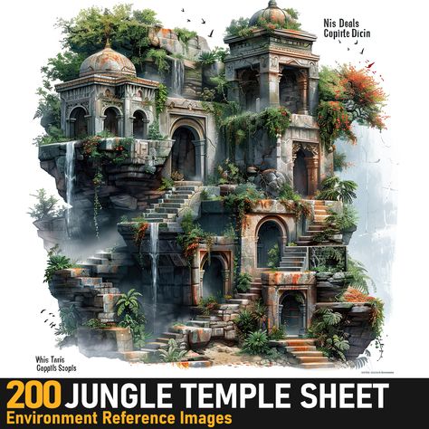 Jungle Temple Sheet|4K Reference Images,  on ArtStation at https://www.artstation.com/artwork/9EWX4W Fantasy Jungle Temple, Jungle Ruins, Jungle City, Jungle Temple, Game Animation, Temple Ruins, Animation Illustration, Minecraft Inspo, Cool Minecraft