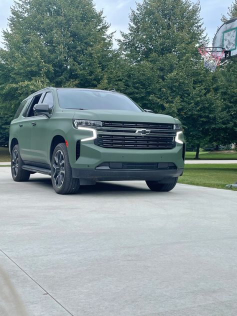 Fully wrapped matte green/army green 22 tahoe Chevy Tahoe Wrapped, Tahoe Car, Tahoe Chevy, Mom Cars, Chevy Suv, Chevy Girl, Dream Car Garage, Custom Chevy Trucks, Mom Car