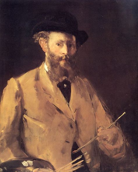 Édouard Manet was born on this day in 1832. "Self-Portrait with Palette" Note how he liked to brush his beard into two points. Edouard Manet Paintings, Henri Fantin Latour, Istoria Artei, Berthe Morisot, Gustave Courbet, Edouard Manet, Albrecht Dürer, Peter Paul Rubens, Albrecht Durer