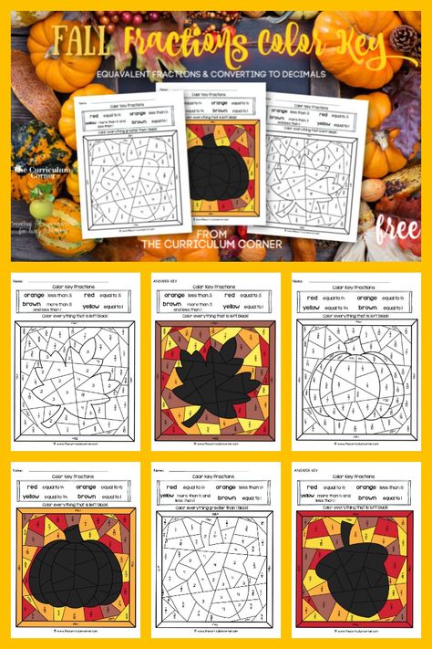 Fraction Freebie! This fall color key fractions set is like a fall color by number set for math practice. Students will work on equivalent fractions and converting to decimals with this beginning fraction practice. From The Curriculum Corner Fraction Art Project, Halloween Fraction Activities, Thanksgiving Fractions, Fractions 4th Grade, Halloween Fractions, Fall Color By Number, Fraction Art, Thanksgiving Math Games, Math Fraction Activities