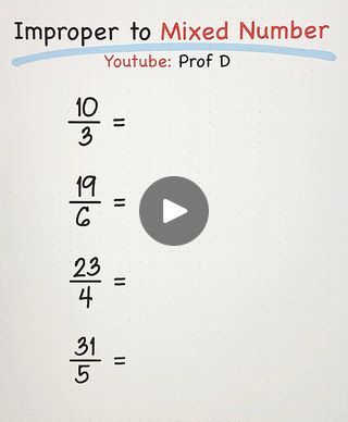 How to Convert Improper Fractions to Mixed Numbers! | How to Convert Improper Fractions to Mixed Numbers! | By Prof DFacebook Mixed Fractions To Improper Fractions, Improper Fractions To Mixed Numbers, Mixed Fractions, Converting Fractions, Improper Fractions, Mixed Numbers, Study Flashcards, Math Tricks, Writing Numbers