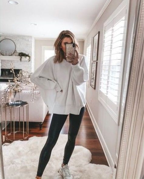 *Your Comfy Outfit According To Your Zodiac Big Sweater Outfit With Leggings, Leggings With Oversized Sweater, Leggings Oversized Shirt Outfit, Leggings Lounge Outfit, Oversized Sweater Outfit Leggings, Sweater With Leggings Outfit, Leggings Sweater Outfit, Leggings With Sweater, Comfy Sweater Outfits