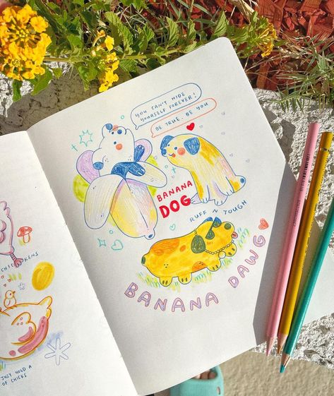 🍎 T I F F A N Y T A N 🍎’s Instagram photo: “🍎CHEEKTOBER Day 19 - Banana Dog🍏 He Ruff and Tough, he is Banana Dawg. I am quite please with this 10 minute doodle session 😂😂��🍌🐶 . . .…” Apple Cheeks, Color Pencil Illustration, Sketchbook Drawings, Bullet Journal Lettering Ideas, Sketchbook Inspiration, Traditional Paintings, Pencil Illustration, Kawaii Art, Art Journal Inspiration