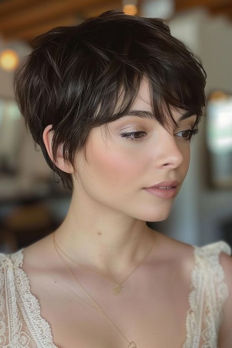 The Best Pixie Haircut Ideas of 2024 Shaggy Straight Short Hair, Short Pixie Haircuts Brunette, Adorable Pixie Haircut, Celebrity Pixie Haircut, Center Part Pixie Haircut, Tousled Pixie Haircut, Women’s Very Short Haircuts, Straight Hair Pixie Haircut, Short Wispy Haircuts