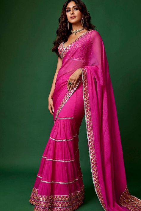 Buy Gopi Vaid Pink Georgette Anupa Pre-draped Saree With Blouse Online | Aza Fashions Gopi Vaid, Mrunal Thakur, Rani Pink, Drape Saree, Embellished Blouse, Stylish Sarees, Saree Look, Pink Saree, Bridal Saree