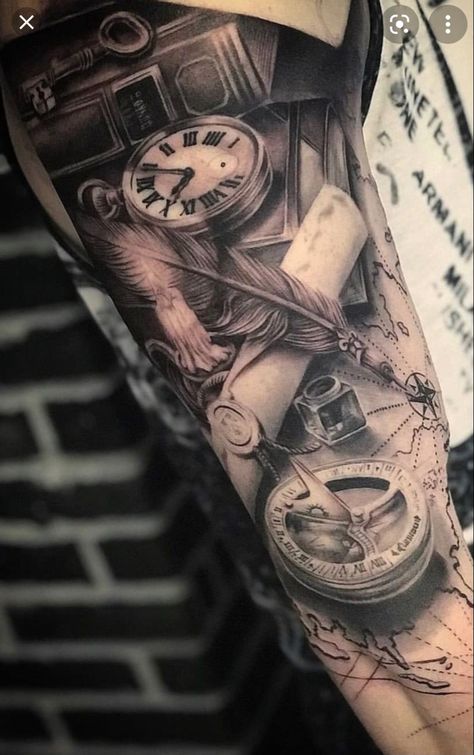 Pirate Map Tattoo, Pirate Tattoo Sleeve, Date Tattoo Ideas, Ship Tattoo Sleeves, Nautical Tattoo Sleeve, Date Tattoo, Feminine Skull Tattoos, Tattoo Catalog, Half Sleeve Tattoos Drawings