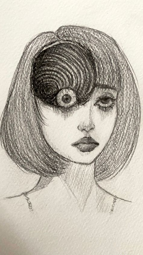 drawing of a character from junji ito’s “uzumaki” manga Uzumaki Drawing Junji Ito, Uzumaki Art Junji Ito, Drawing Ideas Pencil Sketches Aesthetic, Junji Ito Drawing Sketch, Easy Manga Panels To Draw, Easy Realism Drawings, Junji Ito Inspired Art, Grunge Art Aesthetic Drawing Easy, Junji Drawing