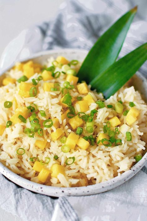 Pineapple Coconut Rice - KendellKreations Coconut Pineapple Rice Recipe, Coconut Pineapple Rice, Pineapple Rice Recipes, Coconut Jasmine Rice, Rice Dishes Recipes, Luau Ideas, Pineapple Rice, White Rice Recipes, Roasted Pineapple