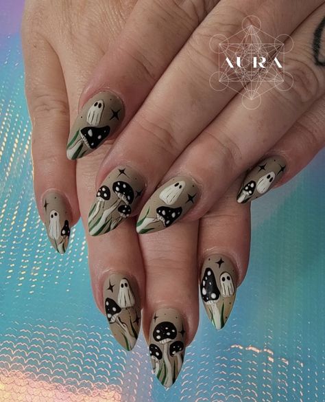 Black And White Mushroom Nails, Spooky Forest Nails, Halloween Mushroom Nails, Almond Nails Halloween Designs, Alt Fall Nails, Mushroom Fall Nails, Goblin Core Nails, Mothman Nails, Over The Garden Wall Nails