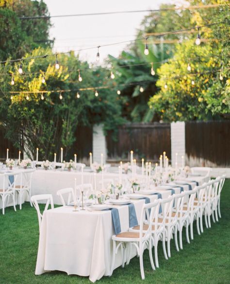 Read More: https://www.stylemepretty.com/vault/image/7078241 Lights Backyard Wedding, Bistro Lights Backyard, U Shaped Table, Long Wedding Tables, Backyard Arizona, Wedding Micro, Long Table Wedding, Wedding Arizona, Dining Wedding