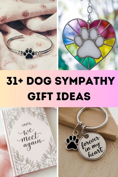 31+ dog sympathy gift ideas, including a bracelet, a stained glass heart ornament, a book, and a keychain. Gift For Pet Loss, Diy Pet Memorial Ideas, Pet Memorial Gift Ideas, Memorial Gift Ideas, Personalized Garden Stones, Dog Sympathy Gifts, Dog Urns, Dog Sympathy, Engraved Dog Tags