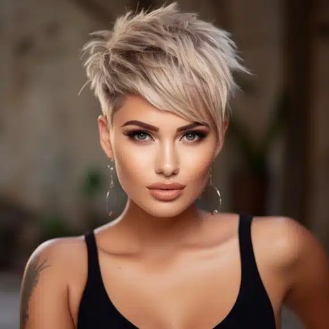 50 Trending Wispy Bangs Hairstyles to Try This Year Short Back Longer Front Hairstyle, Short Pixie Blonde Hairstyles, Short Hairstyles With Wispy Bangs, Pixie With Heavy Bangs, Flippy Pixie Haircut, Short Edgy Hairstyles Pixies, Asymmetric Pixie Haircut, Women’s Mohawk Haircut, Short Pixie With Long Bangs