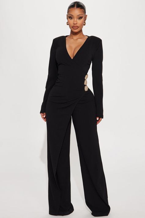 Available In Black. Jumpsuit Long Sleeve Surplice Button Detail Drape Detail Wide Leg Hidden Back Zipper Stretch Self: 95% Polyester 5% Spandex Imported | Jennifer Jumpsuit in Black size 2X by Fashion Nova Dress Pants Outfits, Jumpsuit Long Sleeve, Business Attire Women, Jumpsuit Long, Jumpsuit Outfit, Pantsuits For Women, Graduation Outfit, Long Jumpsuits, Curvy Girl Outfits