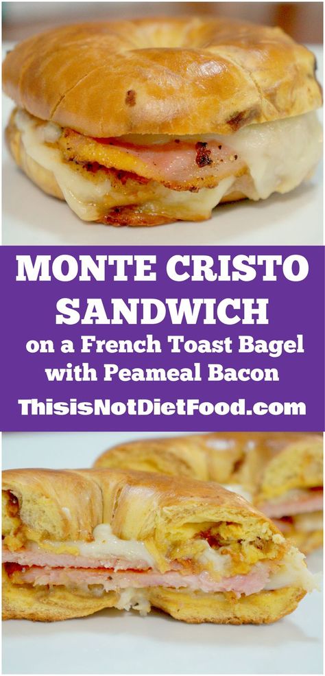 Monte Cristo Sandwich on a French Toast Bagel with Peameal Bacon. Easy sandwich recipe perfect for breakfast or any other meal of the day. Toasted Bagel Sandwich, Peameal Bacon Recipes Dinners, Recipes With Peameal Bacon, Peameal Bacon Recipes, French Toast Bagel, Bakery Sandwich, Peameal Bacon, Easy Sandwich, Grilled Sandwiches