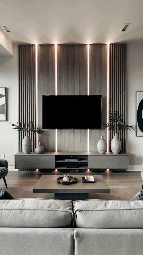 Tv Console Ideas Small Living Rooms, Slatted Tv Unit, Creative Tv Unit Design, Tv Unit With Lights, Small Wall Tv Unit Design, Tv Slat Wall, Tv Wall Design Luxury, Tv Lights, Decor Tv Wall