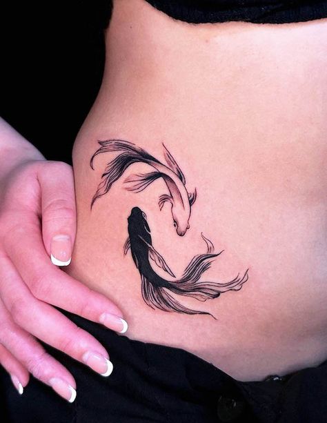 Sun Moon Tattoo Matching Yin Yang, Betta Fish Yin Yang Tattoo, Koi Fish Tattoo Ying Yang Pisces, Fish Tattoo Cover Up, Ting Yang Fish Tattoo, Twin Fish Tattoo Meaning, Ying Yang Koi Fish Tattoo Design, Butterfly Ying Yang Tattoo, Small Round Tattoos