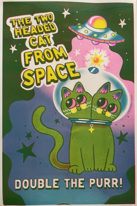 Cat From Outer Space, Alien Cat, Fancy Cats, Risograph Print, Grain Texture, Alien Art, Photoshop Design, Cat Painting, Cute Cartoon Wallpapers