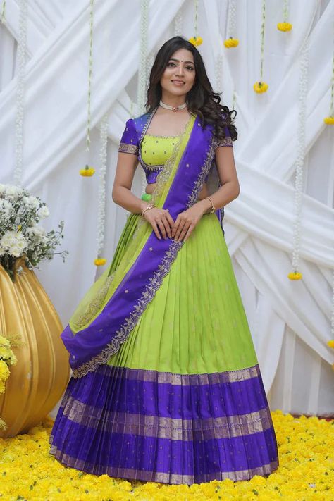 #pattulehenga #halfsaree #halfsareedesigns Half Saree Designs For Reception, Blue Half Saree Designs, Silk Saree Into Lehenga, Silk Saree Lehenga Designs, Sarees For Teens, Simple Half Saree Designs South Indian, Pattu Lehenga Designs, Lehanga Blouses Modern Design, Salwar Models