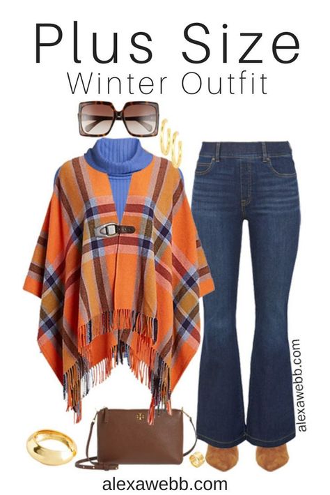 A plus size plaid poncho outfit with a beautiful blue turtleneck, flared jeans, and booties. A cute casual plus size outfit for fall and winter by Alexa Webb. Plus Size Poncho Outfits, Plaid Poncho Outfit, Diy Crochet Ornaments, Easy Diy Crochet, Casual Plus Size Outfits, Poncho Outfit, Crochet Blouse Pattern, Outfits For Winter, Alexa Webb