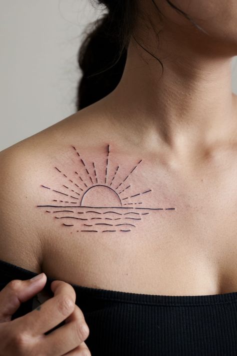 Sunrise silhouette collarbone tattoo Collarbone Tattoo Design, Tattoos On Collar Bone, Tattoos Collarbone, Collarbone Tattoos For Women, Tattoos Representing Family, Small Snowflake Tattoo, Small Key Tattoos, Collarbone Tattoo Ideas, Sunrise Silhouette