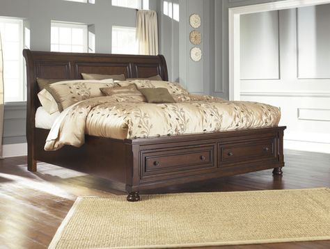 Millennium by Ashley | Porter Rustic Brown King Sleigh Bed With Storage | B697-76+78+99 Spa Like Bedroom, California King Sleigh Bed, King Sleigh Bed, King Size Bedroom Sets, Queen Sleigh Bed, Budget Furniture, Sheets Bed, Decorate Bedroom, King Sized Bedroom