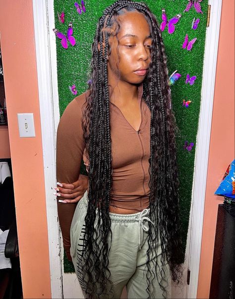 Boho Knotless Braids Thigh Length, Large Knotless Braids Hairstyles Boho, Long Bohemian Knotless Braids, Large Boho Braids, Large Boho Knotless Braids, Large Boho Knotless, Black Girls Hairstyles Weave, Large Knotless, Boho Knotless