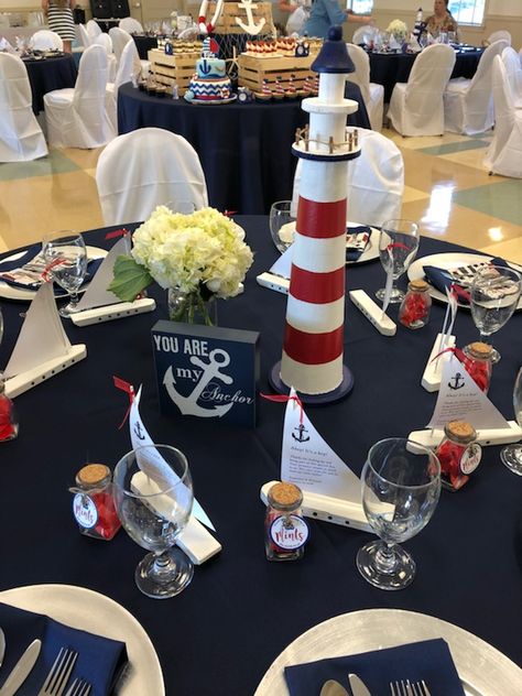 Nautical Party Centerpieces, Anchor Theme Party, Nautical Table Centerpieces, Nautical Centerpiece Ideas, Anchor Centerpiece, Nautical Theme Party Decorations, Boat Party Theme, Nautical Wedding Centerpieces, Nautical Centerpiece