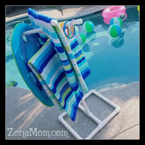 Towel Drying Rack For Pool, Pvc Pipe Towel Rack For Pool, Wet Towel Hanging Ideas Pool, Pool Drying Rack Diy, Diy Pool Towel Rack Outdoor, Towel Rack For Poolside, Towel Holder For Pool Area, Diy Pool Towel Holder, Diy Towel Rack For Pool