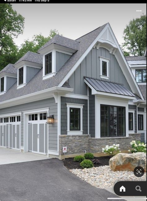 Light Gray House With White Trim, Light Gray Siding House, Gray Siding House, House With White Trim, Grey Garage Doors, Gray Garage, Gray Siding, Siding House, Grey Siding