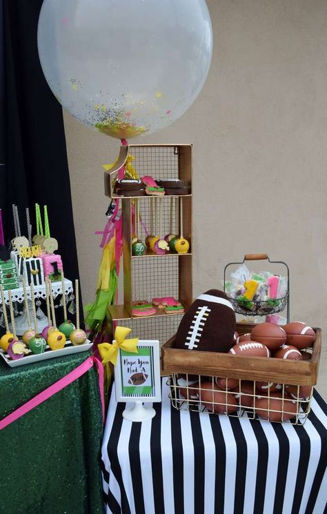 Football (girlie) Birthday Party Ideas | Photo 6 of 25 | Catch My Party Tutus And Touchdowns Birthday Party, Girl Football Birthday Party, Girls Sports Birthday Party, Pink Football Party, Girl Football Party, Football Gender Reveal Party, Cheer Birthday Party, Tutu Birthday Party, Football Theme Birthday