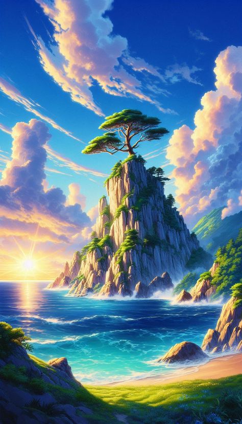 #4KAnimeWallpaper #TranquilNatureScene #RockyIslandParadise #AnimeArtStyle #LushGreenVegetation #SingleMajesticTree #GoldenSunlight #PastelHues #DewDropsOnTheLeaves Most Beautiful Images, Sky Art, Pastel Hues, Lush Green, Nature Scenes, Beautiful Images, Painting Ideas, Rocky, Art Style