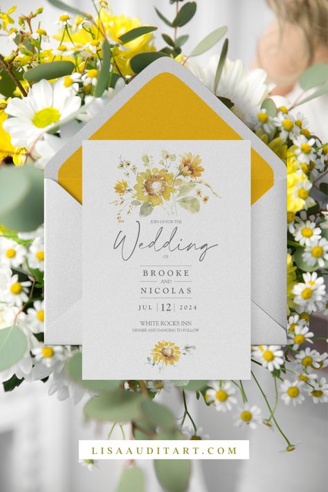 Yellow Theme Wedding Invitation, Wedding Yellow And Green, Wedding Invitation Sunflower, Yellow Wedding Invites, Sunflower Invitations Wedding, Yellow And Green Wedding Theme, Yellow Invitation Card, Simple Wedding Card Design, Yellow Theme Wedding