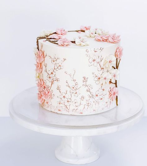 Angela Morrison on Instagram: “In love with this cake from @bloomsbyjune using our SAKURA mesh stencil. Oh I love it so much, delicate and soft! Thank you June, what a…” Sakura Cake, Japanese Cake Decoration, Sakura Theme Cake, Cherry Blossom Cake Ideas, Fondant Cherry Blossom, Cherry Blossom Cake Design, 2 Tier Cherry Blossom Cake, Flower Cake Design, Cherry Blossom Cake